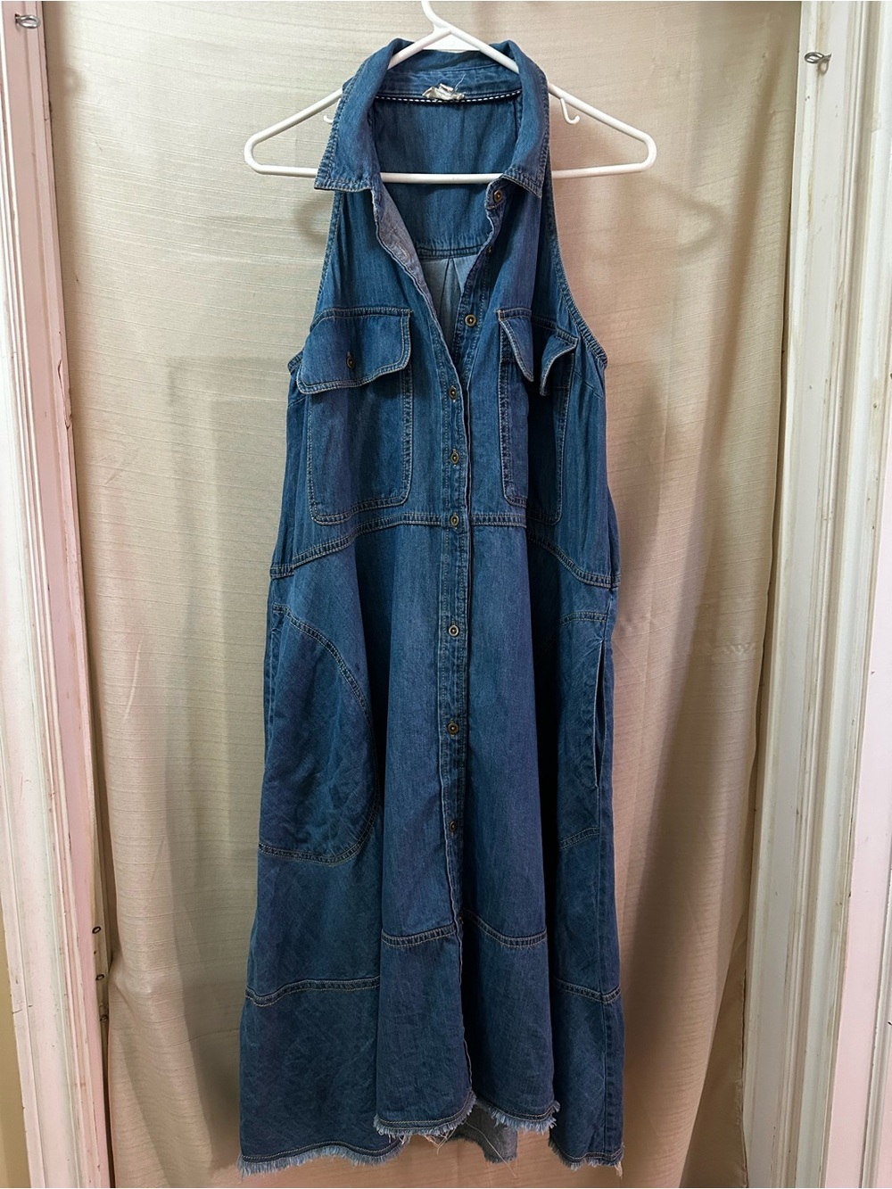 Pilcro Denim Maxi Dress Button Front Utility Pocket Raw Hem Anthropologie